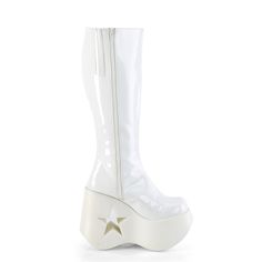 5" (127mm) Star Cutout White Glitter Platform Wedge Knee High Boot Featuring Glitter Star Side Patch Details, Inner Side Metal Zip Closure | Demonia DYNAMITE-218 Demonia Dynamite, Demonia Collection, 1920s Shoes, Demonia Boots, Alternative Shoes, Single Sole Heels, Demonia Shoes, Festival Shoes, Santa Boots