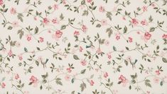 a white wallpaper with pink flowers and green leaves on the bottom half of it