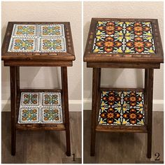 two side tables with different designs on the top and bottom, one is made out of wood