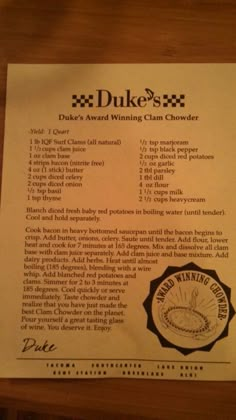 the menu for duke's duck's award winning clam chowdery