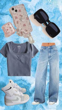 an assortment of clothing and accessories on a blue background