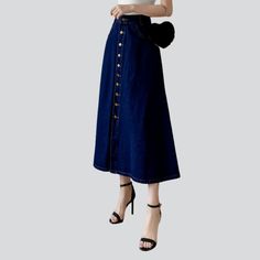 Redefine '90s trendy with our unique stonewashed, long, high-rise denim skirt from the 2023 Spring-Summer Collection!Why You'll Fall In Love: Iconic Throwback: Enjoy a blast from the past with this denim skirt, a perfect combination of ageless and trendy. Vintage Style: Its long, high-waisted fit and stonewashed finish exude old-world charm. Comfortable & Versatile: Whether you're out for a stroll or dancing the night away, you'll be sure to stay unfussy in this denim skirt. Timeless Appeal: Its Flare Denim Skirt, High Rise Denim Skirt, Denim Skirts Online, Flared Denim Skirt, Denim Button Skirt, Womens Denim Skirts, Blast From The Past, Dark Blue Color, High Rise Denim