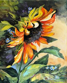 an oil painting of a sunflower with blue flowers