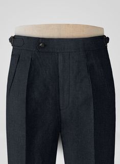 Classic luxury doesn't come any better than our well-tailored Dark Blue Linen Highland Trousers. Crafted from linen, the pants are the pinnacle of laid-back summer style, as linen is breathable and keeps you all aired out.    Look Includes    Dark Blue  Linen  Fabric  Cross Pocket  Forward 2 Pleats  Side Tabs (No Loops)- Arrow Shape  Bottom Cuff (1.5")  Two Welted Back Pockets on Trousers   You can change the look during customization if required.   Lining: Viscose, Dry Clean. Tailored Linen Pants With Pockets, Business Casual Linen Trousers, Formal Linen Bottoms With Pockets, Tailored Linen Straight Pants, Tailored Linen Pants With Welt Pockets, Tailored Linen Wide-leg Bottoms, Tailored Linen Wide Leg Bottoms, Tailored Wide Leg Linen Bottoms, Tailored Summer Pants With Belt Loops