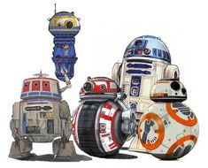 three star wars robot toys are shown in this drawing style, one is blue and the other is red