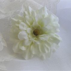 a white flower sitting on top of a lace covered table cloth next to a wall