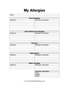 an allergies worksheet is shown in this image, it shows the ingredients and