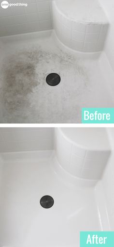 before and after pictures of a shower with water on the floor, right before it was cleaned