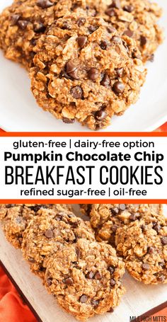 pumpkin chocolate chip breakfast cookies on a white plate with text overlay that reads gluten - free dairy - free option pumpkin chocolate chip breakfast cookies