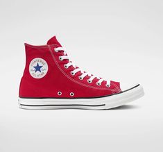 Elevate your style game with these high-top Chuck Taylor All Star sneakers from Converse. With a solid red color and white star theme, these lace-up shoes are perfect for any casual or activewear occasion. The 100% cotton upper material and rubber outsole provide comfort and durability, making them suitable for workwear too. These sneakers feature a high-top shoe shaft style and are a part of the Converse Chuck Taylor All Star product line. They come with a style code of M9621C and are available in men's shoe sizes. The canvas lining material and rubber cleat type add to the overall sturdiness of the shoes. Get your hands on these customized-free, non-vintage, and non-signed sneakers now. Red Chuck Taylors, Red Chucks, Galaxy Converse, Galaxy Vans, High Top Chucks, Red High Tops, Converse Red, Red Converse, Converse Chuck 70