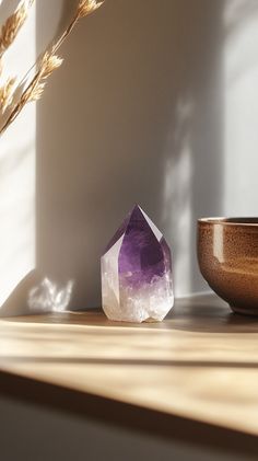 Photorealistic image of a small 5-10 cm amethyst hexagonal prism crystal beside a stylish cup on a kitchen shelf. Soft beige and brown tones in the background. Minimalistic and serene vibe. NO TEXT! Crystal Healing Stones, Healing Stones, Mantra, Pretty Things, Soft Pink, Crystal Healing, Healing, Moon, Crystals