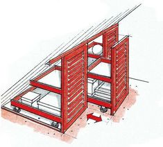 a drawing of a red shelf with drawers and shelves on the bottom, next to an arrow pointing upward