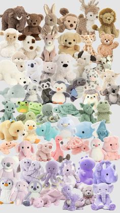 a bunch of stuffed animals that are all different colors