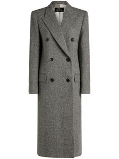 black/white wool blend herringbone pattern peak lapels double-breasted button fastening long sleeves buttoned cuffs two front flap pockets straight hem central rear vent full lining Long Wool Coat, Long Sleeve Outerwear, Wardrobe Edit, City Dress, Cotton Coat, Green Coat, Double Breasted Coat, Coat Black, Work Clothes