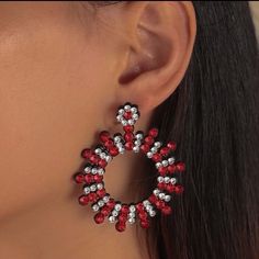 This Pair Of Round Rhinestone Drop Earrings Is A Wonderful Addition To Your Wardrobe And Your Style! A Fun Pair With A Lovely Shine! Red Sparkling Crystal Jewelry, Red Jeweled Crystal Drop Earrings, Red Round Earrings With Sparkling Stones, Red Crystal Round Earrings, Red Crystal Dangle Earrings, Red Crystal Rhinestone Earrings For Party, Red Rhinestone Crystal Earrings For Party, White Jeweled Crystal Earrings For Party, Red Crystal Glamorous Earrings