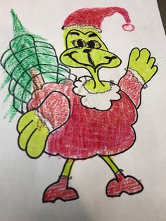 a drawing of a cartoon character holding a christmas tree