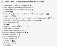 an image of a list with the words 20 things to do on a rainy day when you're bored