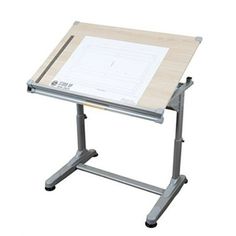 a wooden and metal desk with a white sheet on it's top, in front of a white background