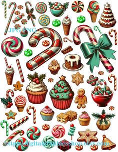 an assortment of christmas treats and sweets on a white background, including candy canes