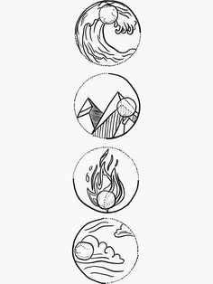 four circles with different symbols on them in the shape of mountains, clouds and waves