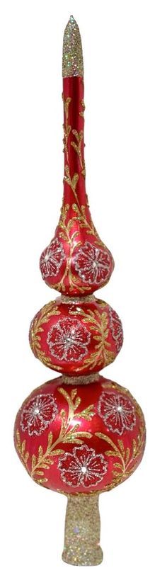 a red and gold christmas tree ornament with snowflakes on the top