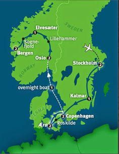 a map showing the route for stockholm and skadale island in sweden, with several destinations marked