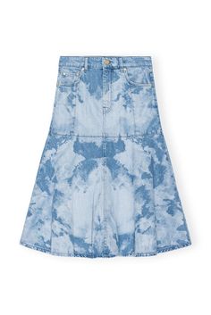 This Blue Bleach Denim Flounce Midi Skirt is designed for a regular fit and features a 5-pocket style with a zip and button closure, belt loops, GANNI logo on the back pocket, a flounce hemline and a blue bleach print. GANNI Blue Bleach Denim Flounce Midi Skirt in Light Blue Stone | Women's Size 14 | Cotton/Organic Cotton Bleach Print, Bleach Denim, Spring Denim, Bleached Denim, Bleachers, Denim Style, Denim Midi Skirt, Tshirt Skirt, Light Wash Denim