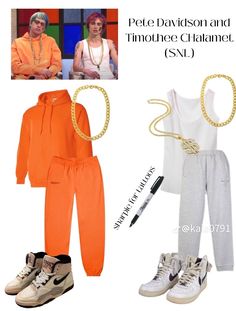 an orange outfit, white shirt and sneakers with the words pete davidson and theodore chalamet sxl