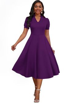 PRICES MAY VARY. COMFY & SOFT MATERIAL: 95%Polyester, 12%Elastane. Women's cocktail dresses is made of lightweight and skin-touch, good quality stretchy fabric, not see through, makes it comfortable to wear in any event.And makes you look elegant and generous! STYLISH& FLATTERING DESIGN: This classic business dresses for women featuring v neck, a line and puff sleeve. V neck dress with invisble at side zipper, swing skirted,length is knee-length. Vintage dress, fit and flare dress that hide bell