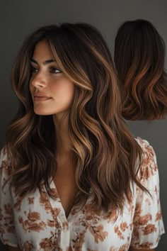 26 Low Maintenance Brunette Balayage Ideas Low Maintenance Haircut Medium, Scattered Highlights, Long Brunette Hair With Layers, Reverse Balayage Brunette, Lived In Brunette Balayage, Balayage Dark Brown Hair, Hair With Waves