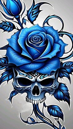 a blue rose on top of a skull