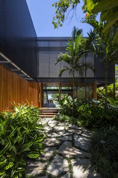 the house is surrounded by plants and trees