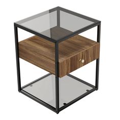 a glass and wood side table with drawers on each side, viewed from the front