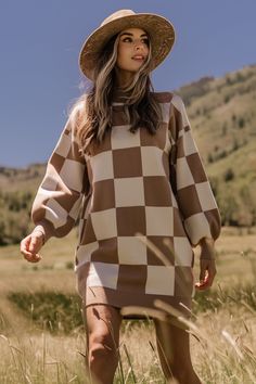 Mattie Checkered Sweater Dress | Taupe - Baltic Born Plaid Sweater Dress, Western Sweaters, Checkered Sweater, Womens Winter Dresses, Baltic Born, Sweater Dresses, Taupe Color, Cup Size, Fall Wardrobe