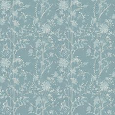 a blue wallpaper with white flowers and leaves on the back ground, in front of a light blue background