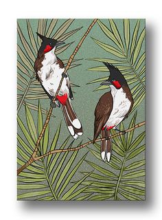 two birds sitting on top of a tree branch next to each other in front of green leaves