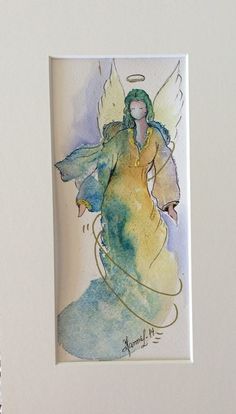 a watercolor painting of a woman in a green dress with an angel on her back