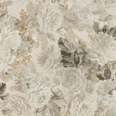 an image of a floral wallpaper with gold and grey flowers on white background,