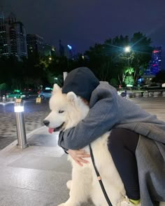 a person hugging a white dog on the sidewalk at night time with city lights in the background