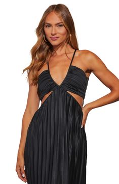 Be a vision of smoldering style in this beautifully pleated dress showcasing side cutouts and a chic bow tie on the back. Ties at back Deep V-neck Adjustable straps 100% polyester Hand wash, line dry Imported Tie Back Dress, Vici Collection, Back Dress, Tie Backs, Anniversary Sale, Deep V Neck, Tie Back, Nordstrom Dresses, Dress Backs