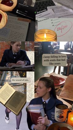 a collage of photos with books, candles, and people in the process of writing