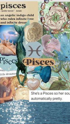 there is a collage of pictures with mermaids and seashells on it