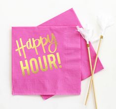 two napkins with the words happy hour written on them