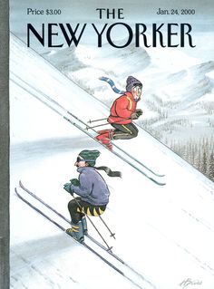 two skiers are skiing down a snowy mountain side with the words new york on it