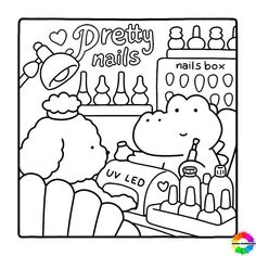 a coloring page with the words pretty nails and an image of a person at a nail salon