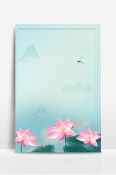 a card with water lilies and a bird flying in the sky above it on a light blue background