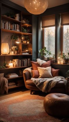 a living room filled with furniture and lots of bookshelves next to a window