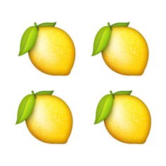 four yellow lemons with green leaves on the top and bottom, set against a white background