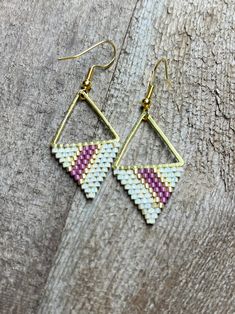 Beaded earrings.  Our earrings are handmade right here in Springfield, Illinois USA.  They will ship in a padded parcel envelope. Stitch Earrings, Springfield Illinois, Brick Stitch Earrings, Triangle Earrings, Beaded Fringe, Brick Stitch, Fringe Earrings, Earrings Color, Beaded Earrings