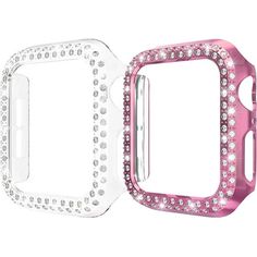 an apple watch case with pink and white crystals on it's side, one in the